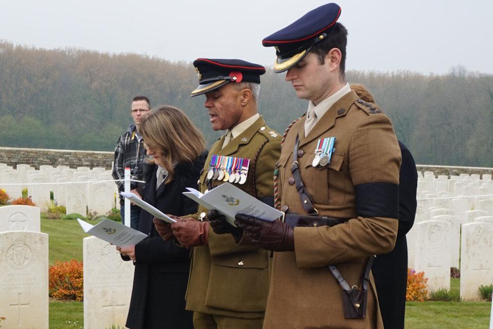 Captain Benedict Griffiths and Lieutenant Colonel (Ret'd) Dominic Hancock participate in the burial service of the unknown Sherwood Forester (Picture: MOD).