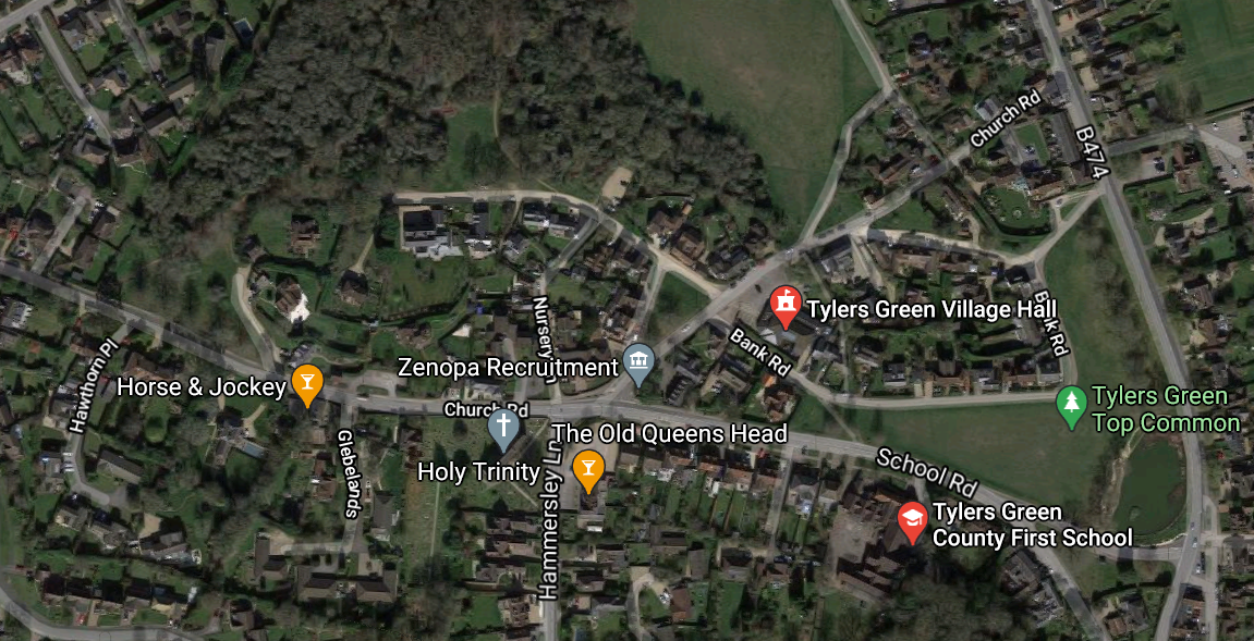 Google map of the village of Tylers Green in Buckinghamshire England