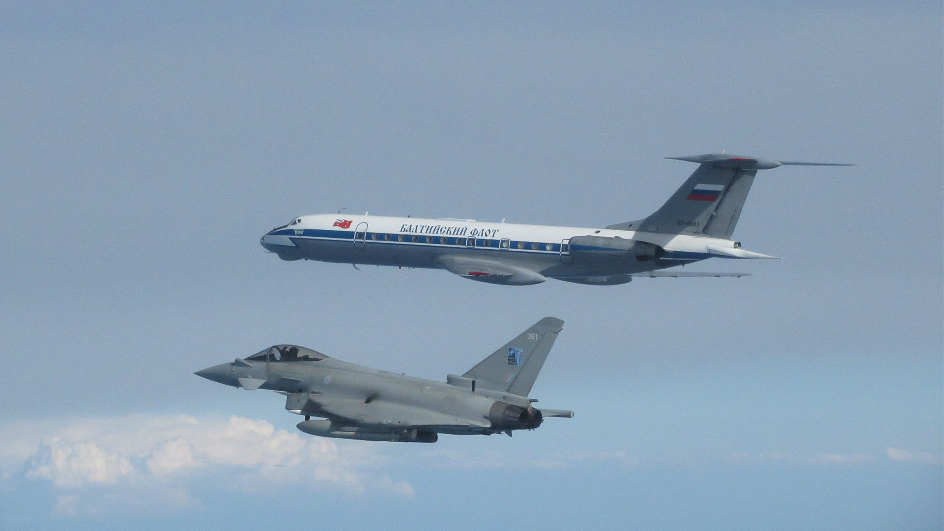 Typhoon escorting a Tupolev Tu-134 through Nato airspace 200623 CREDIT RAF