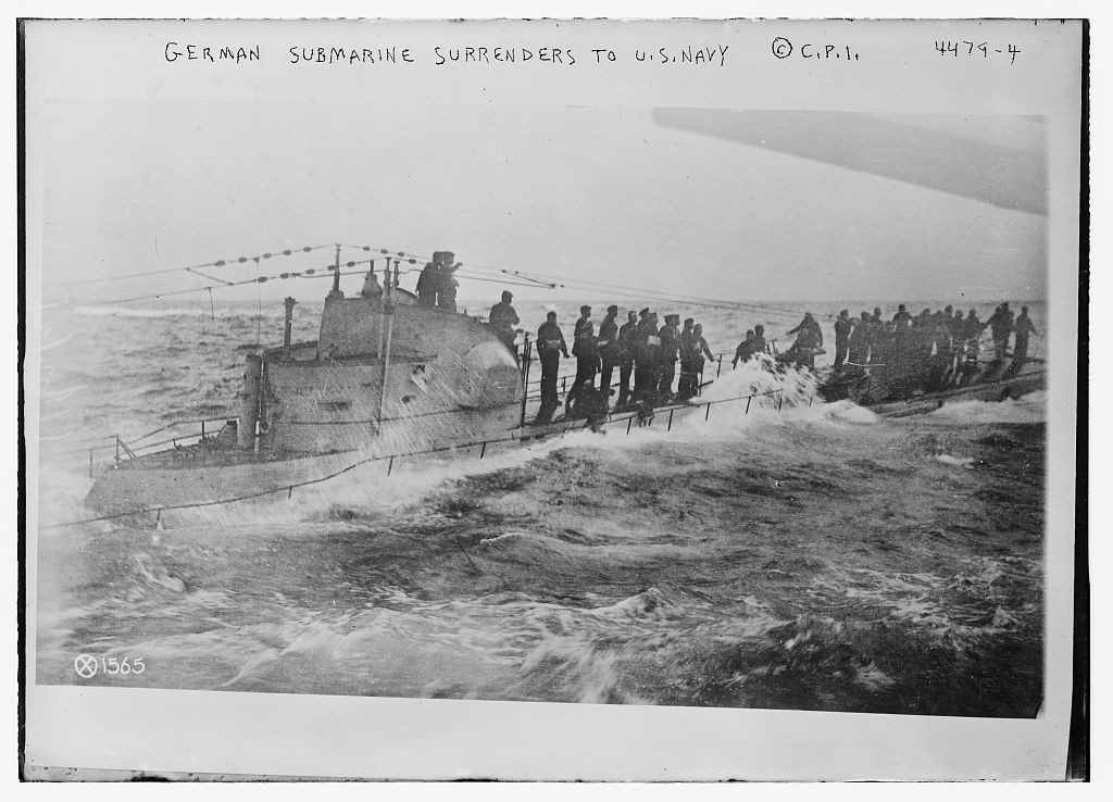 This photograph shows the crew of the German U-Boat U-58 leaving their vessel after their surrender on Nov. 17, 1917 to the U.S.S. Fanning during World War I. Credit: Library of Congress, Prints & Photographs Division, LC-DIG-ggbain-26138