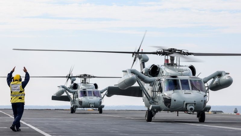 UH-60 Blackhawks on HMS Queen Elizabeth, from Busan Naval Base