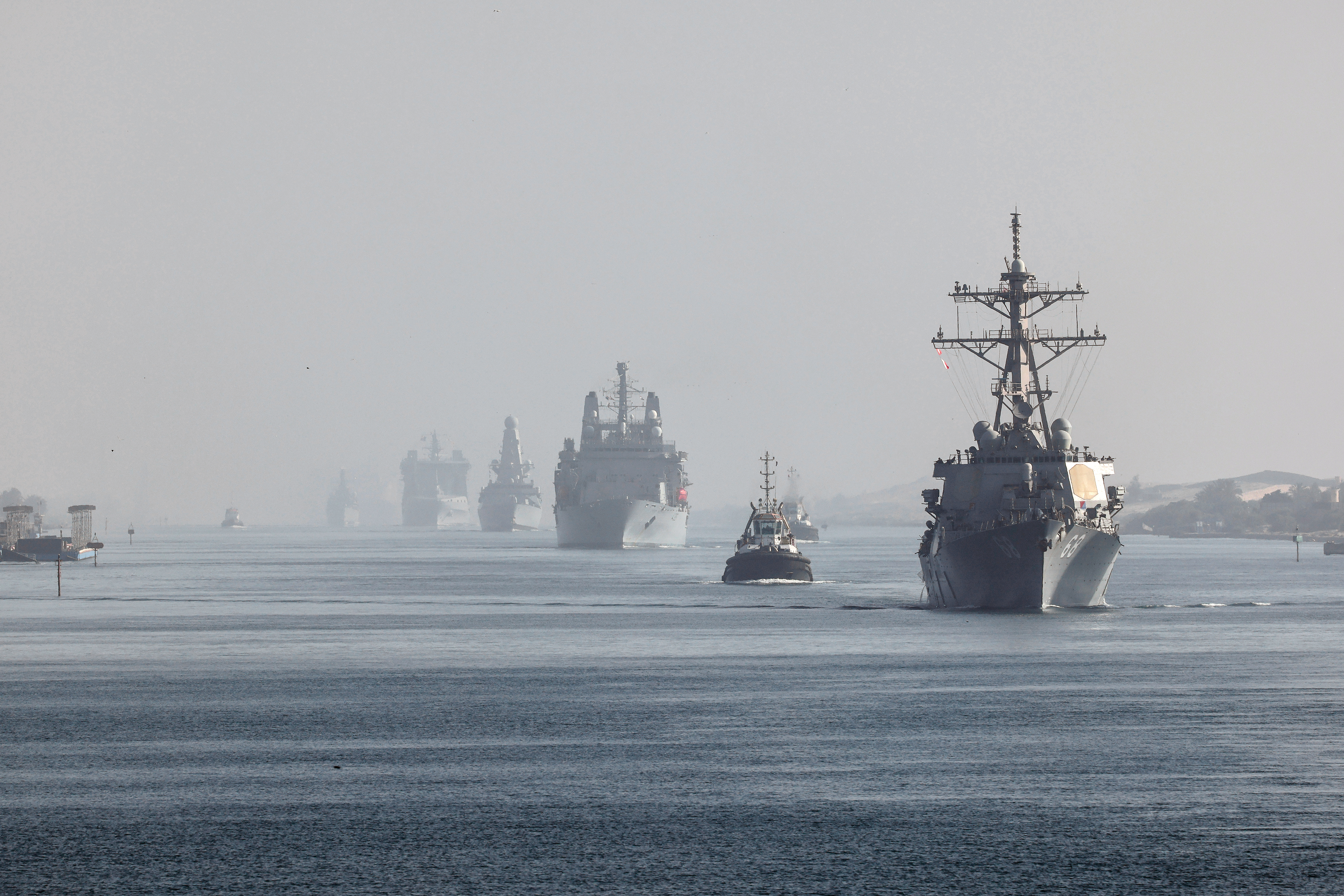 UK Carrier Strike Group Phase 2 in convoy as they transit through the Suez Canal. HMS Queen Elizabeth transits in the convoy