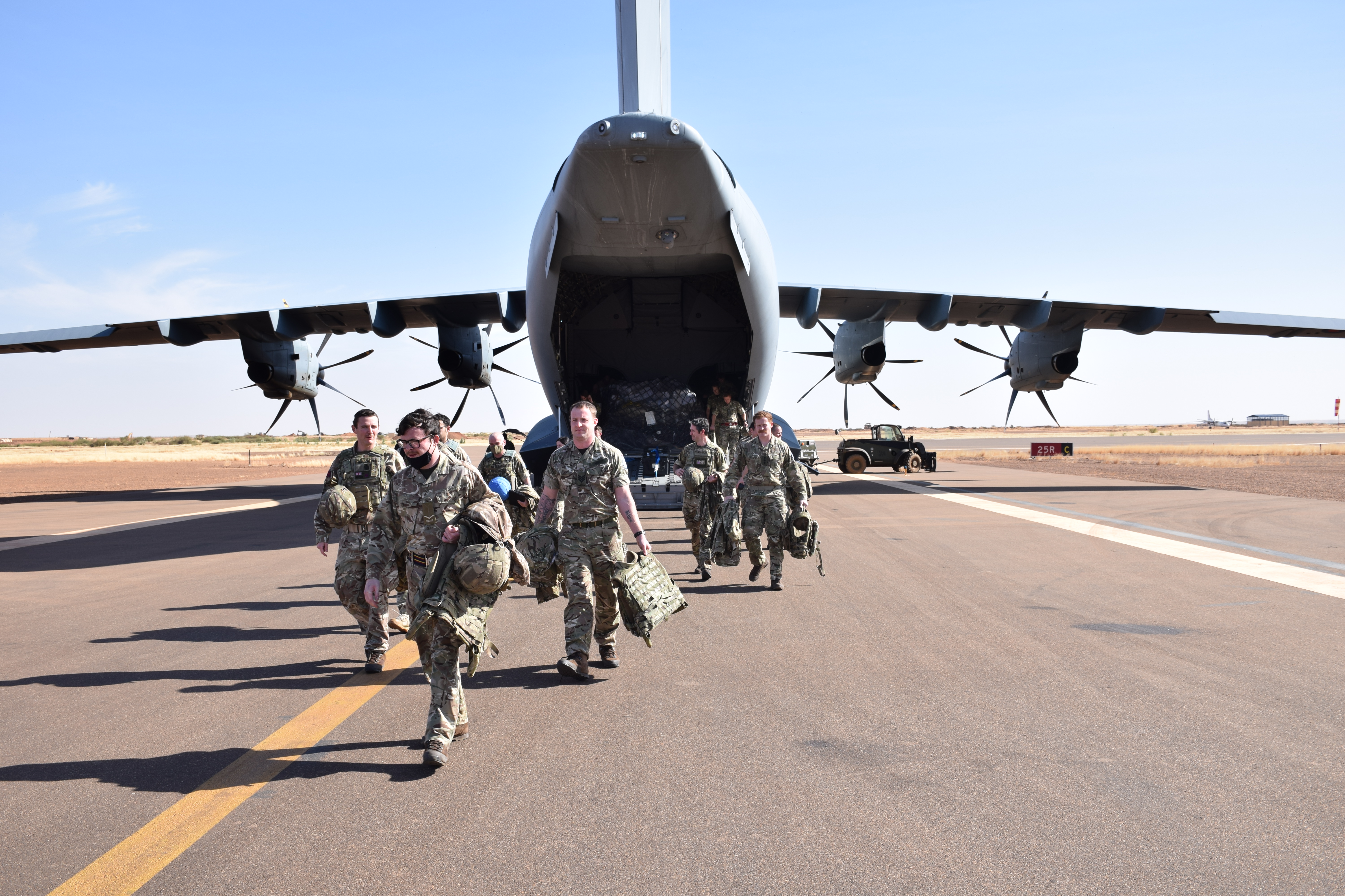 British soldiers walk off an A400M Atlas aircraft in Gao, Mali, to assist with a UN peacekeeping mission in the country (Picture: MOD).