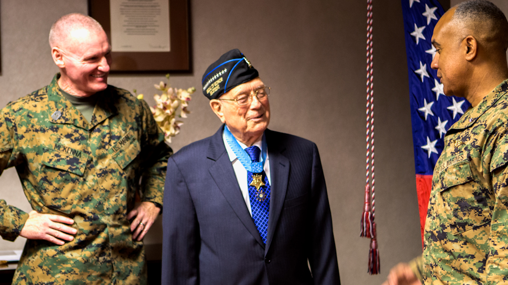 US Marine Chief Warrant Officer 4 Hershel Woody Williams, center, Medal of Honor recipient 