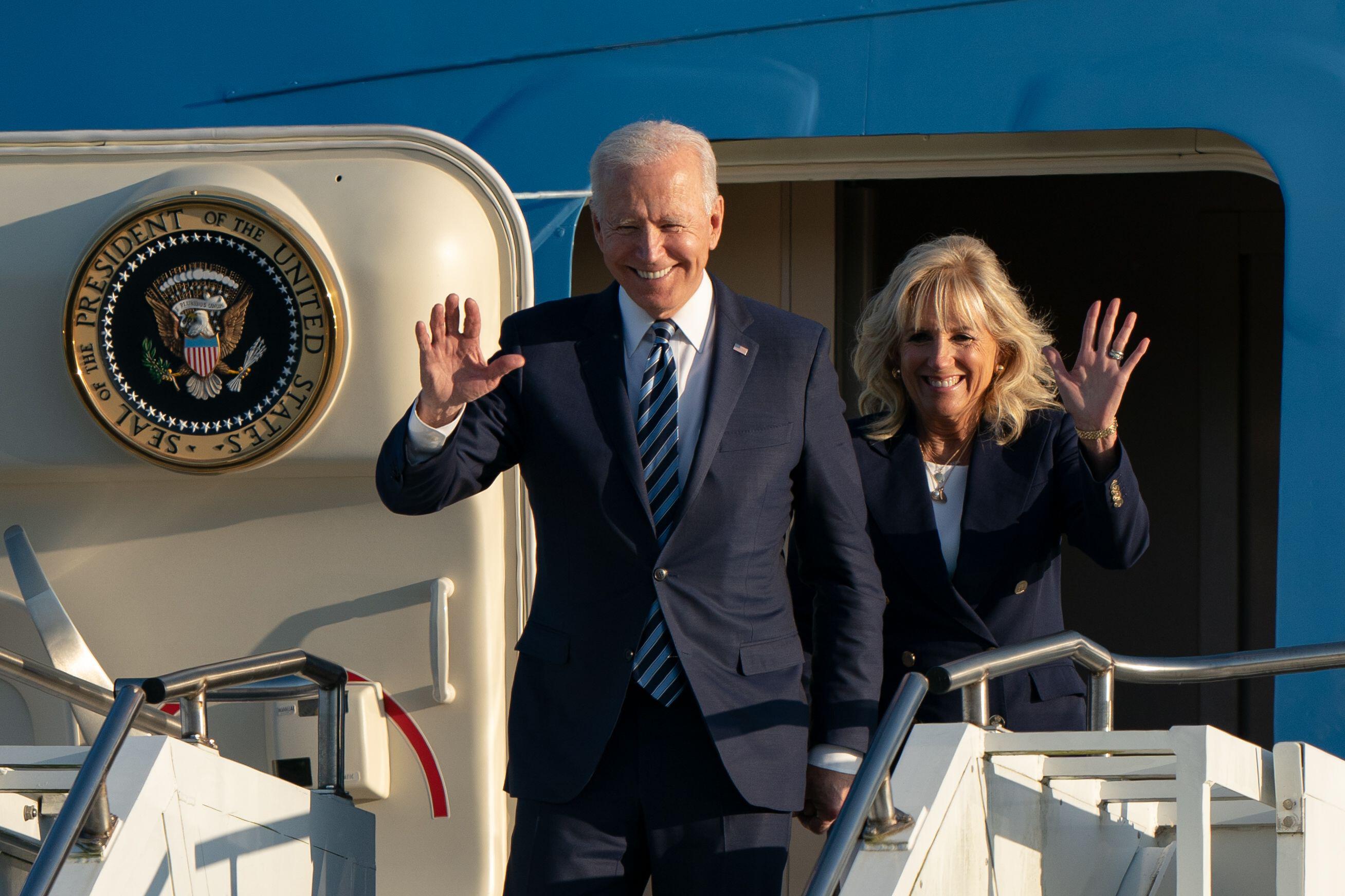 US President Joe Biden and First Lady Jill Biden arrive on Air Force One at RAF Mildenhall in Suffolk, ahead of the G7 summit in Cornwall