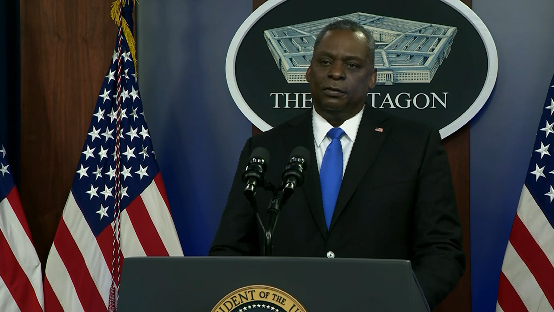 US Secretary of Defense General Lloyd Austin speaking at the Pentagon