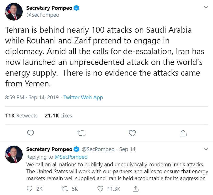 US Secretary of State Mike Pompeo blames Iran for Saudi oil attacks 140919 CREDIT Twitter