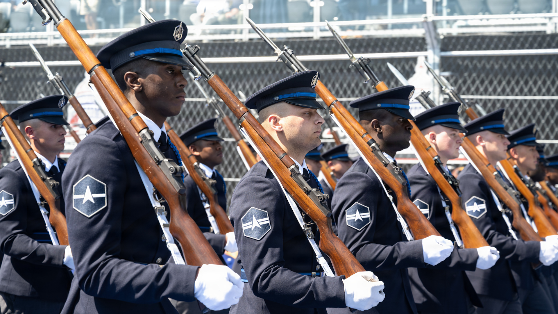 US Space Force Honor Guard model the new Honor Guard ceremonial uniforms at the Freedom 250 Grand Prix in Washington CREDIT US DEPARTMENT OF DEFENSE