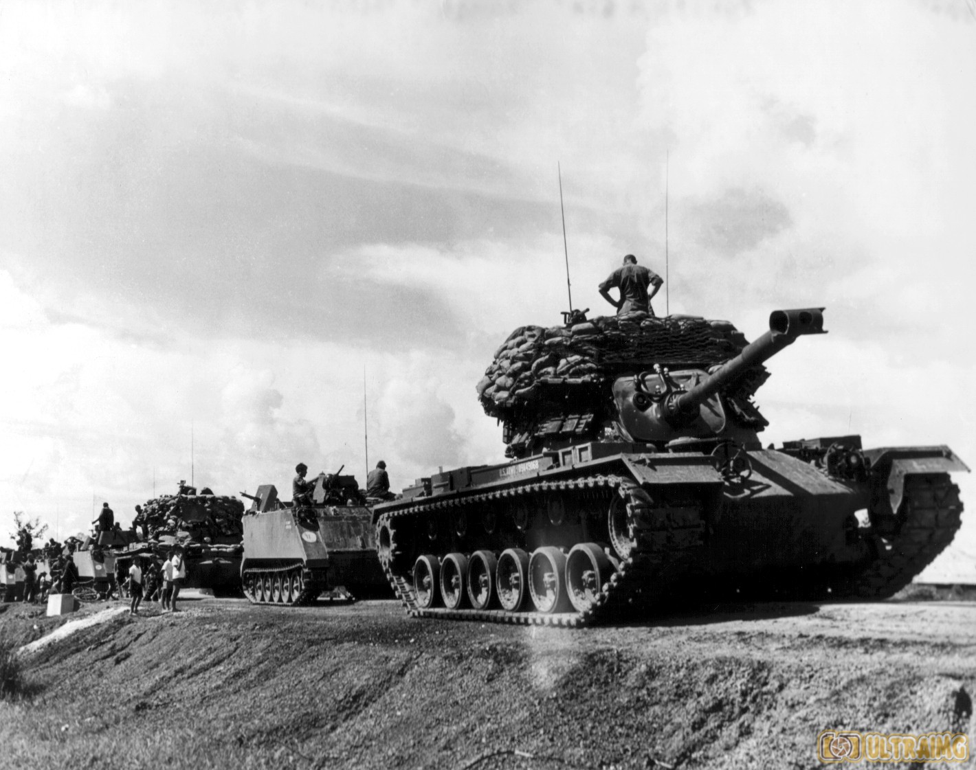 Black and white photograph of US tanks in Vietnam