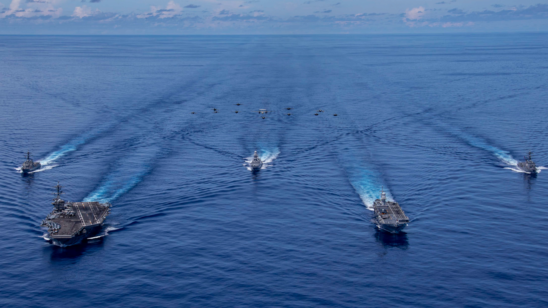 USS Abraham Carrier Strike Group and Cavour Carrier Strike Group sail in formation 08082024 CREDIT US Dept of Def