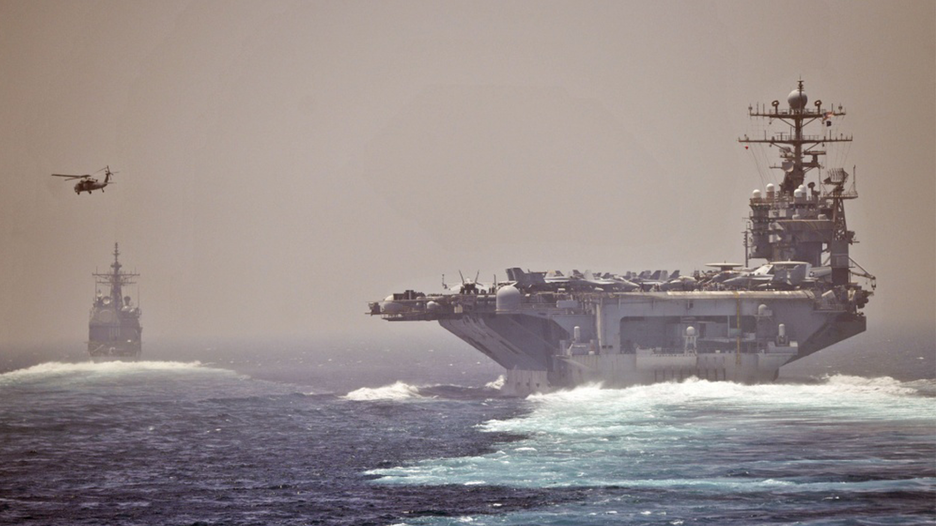USS Abraham Lincoln and USS Cape St George in Strait of Hormuz 010512 CREDIT US NAVY