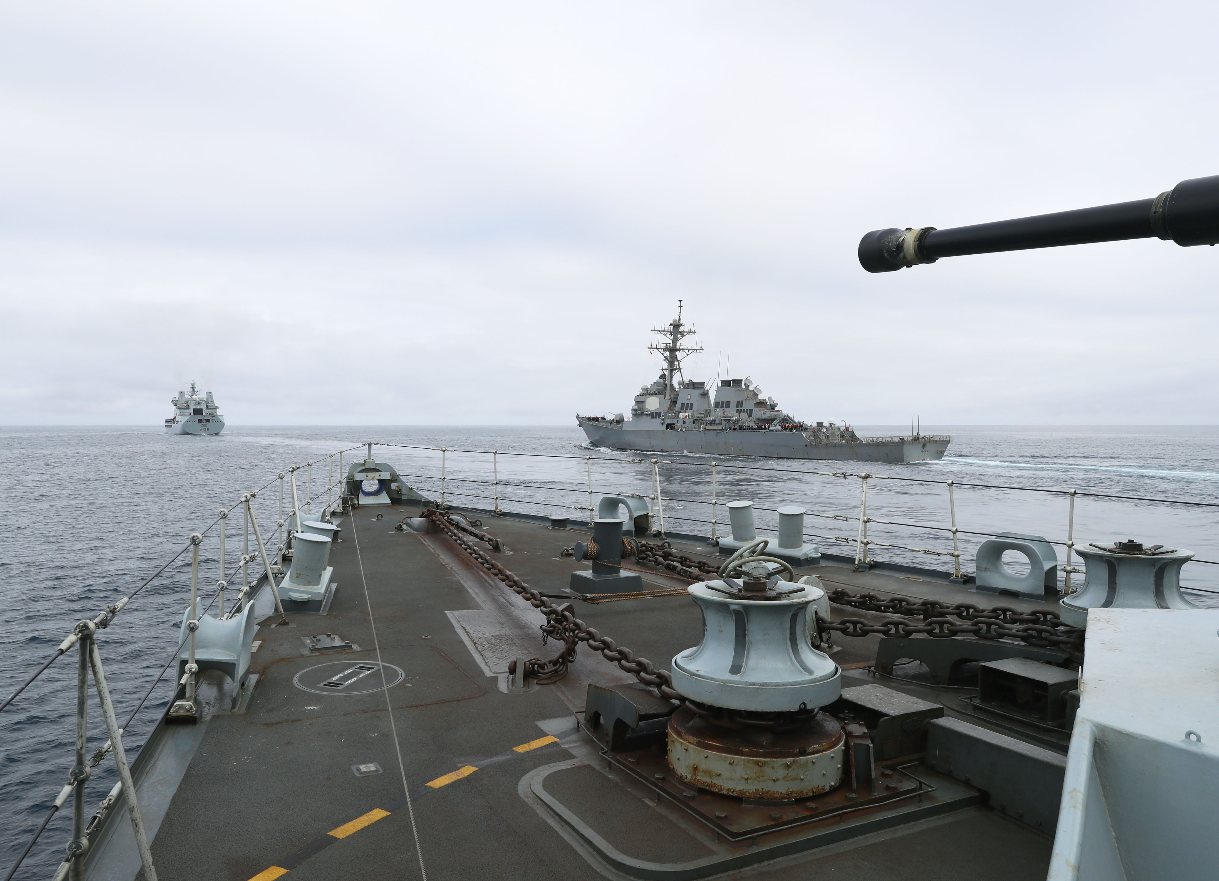 Cover image: Picture taken from HMS Sutherland showing USS Destroyer Ross on the right and RFA Tidespring on the left in the far distance (Picture: MOD).