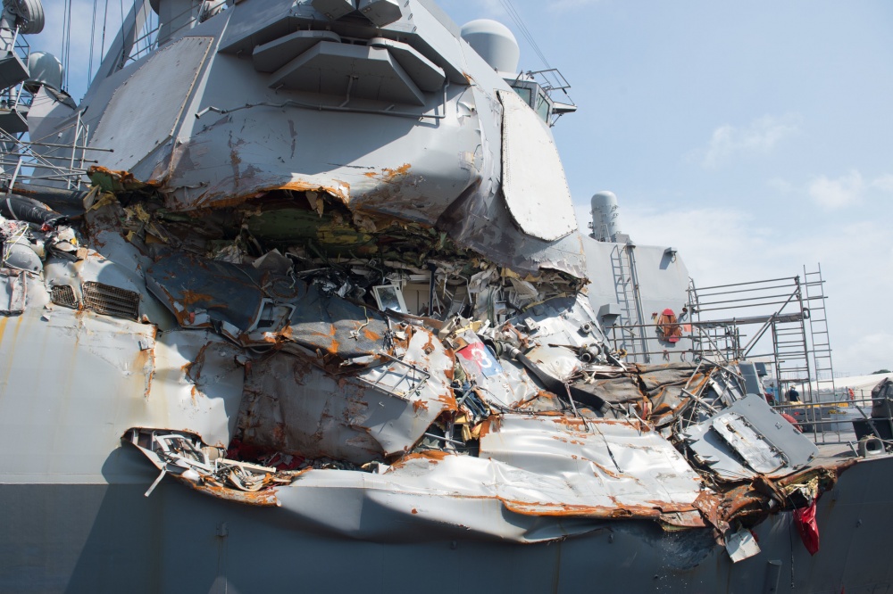 USS Fitzgerald damage after the collision near Japan.