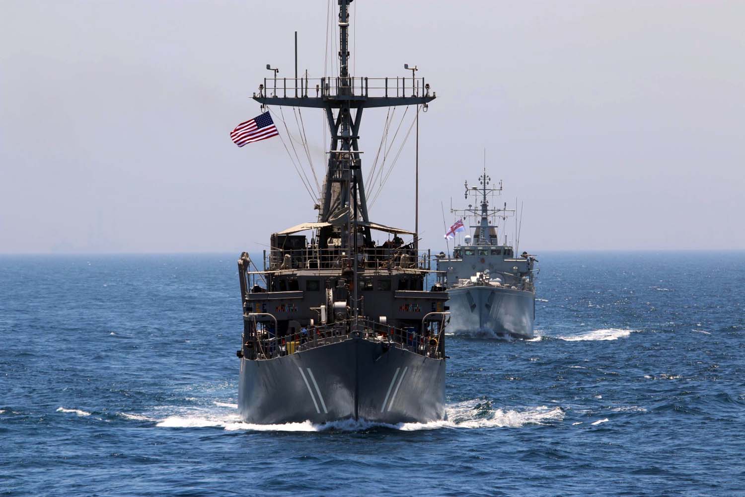 USS Gladiator leads HMS Brocklesby during the minehunting exercise in the Gulf (Picture: Royal Navy).