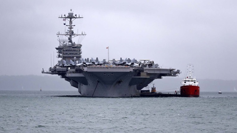 USS Harry S Truman anchored off Stokes Bay near Portsmouth CREDIT Royal Navy
