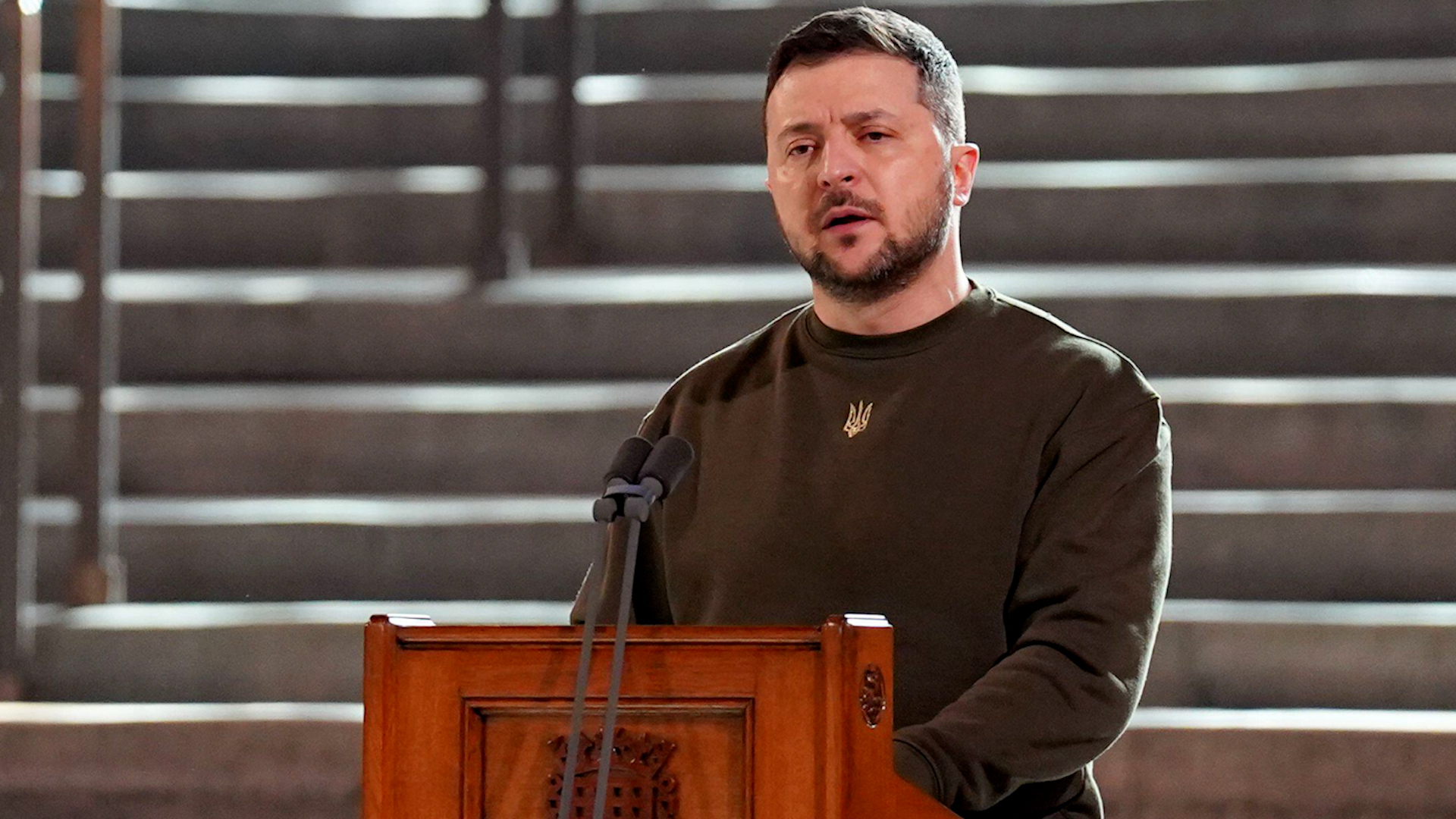 Ukrainian President Volodymyr Zelensky during an address to Parliament