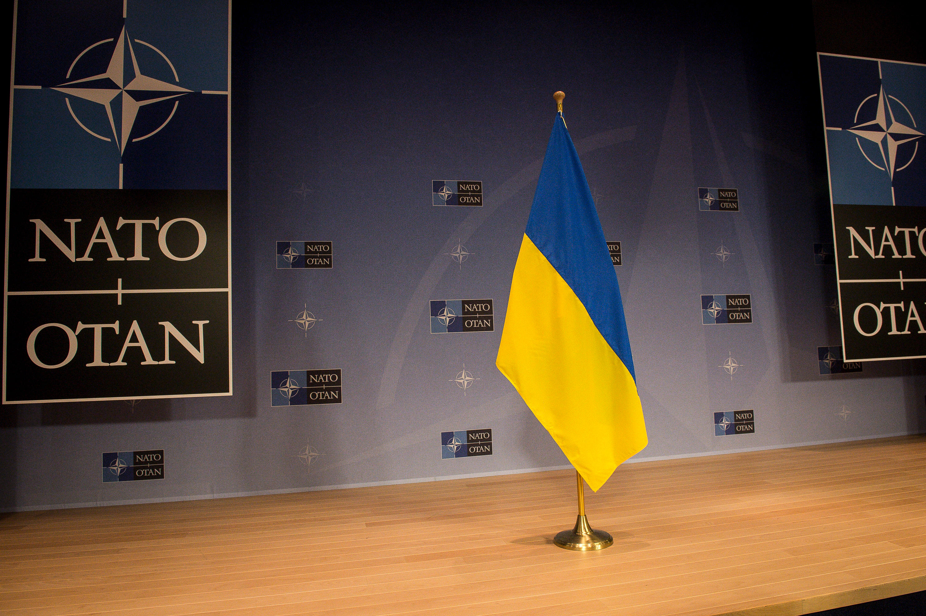 Ukrainian flag seen during a news conference following a NATO Foreign ministers meeting at the North Atlantic Treaty Organization's (NATO) headquarters in Brussels, Belgium