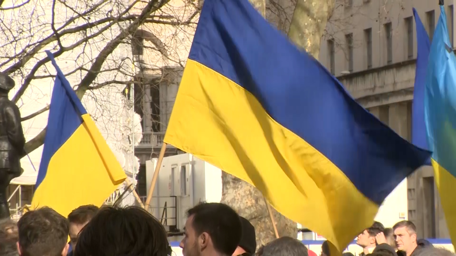 Ukrainian flags being held up by anti-war protesters in Whitehall