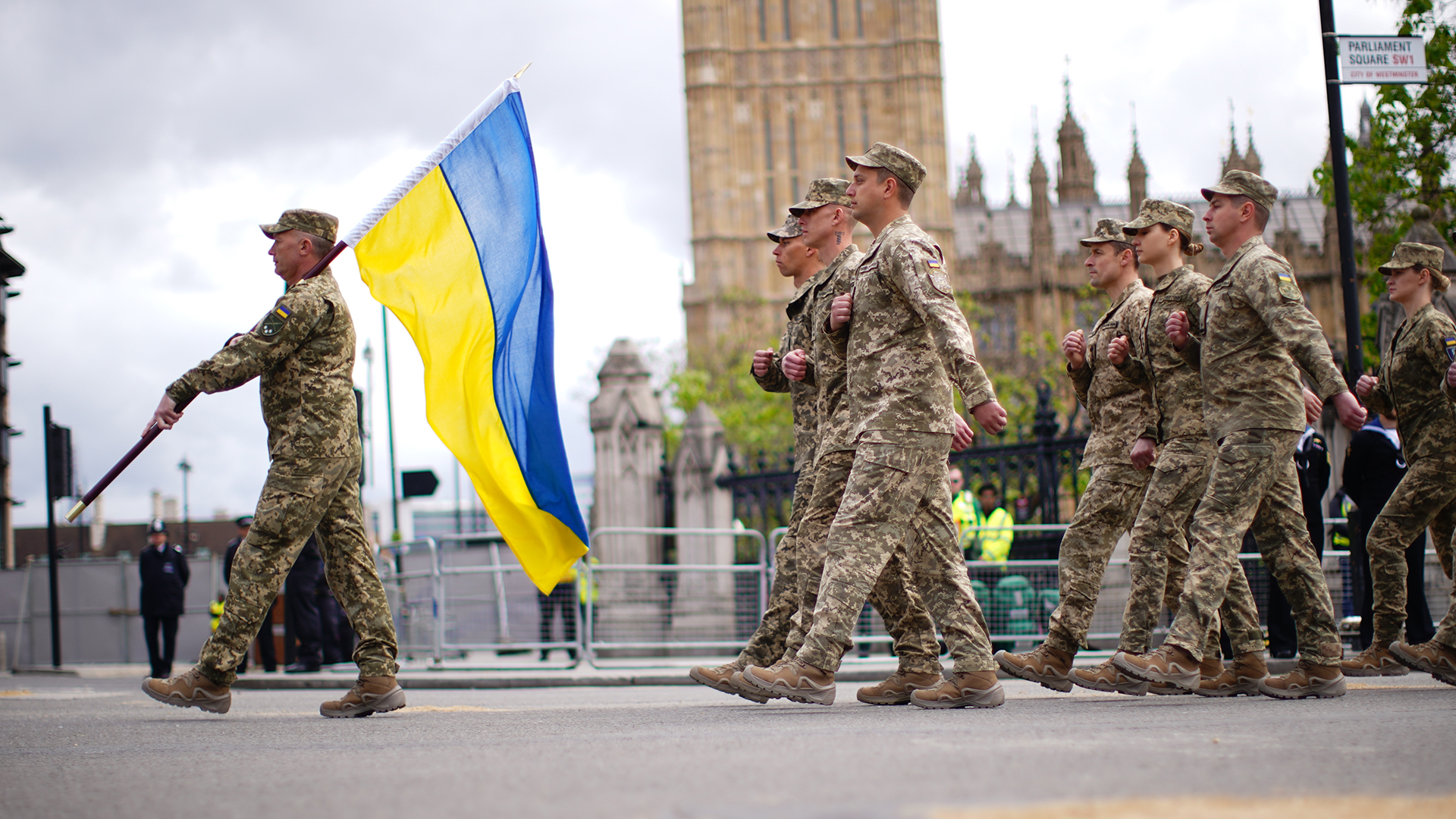 Ukrainian personnel march past Parliament Square during the VA Day 80 parade (Picture: PA)