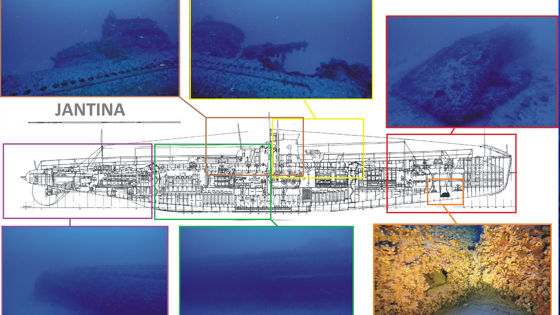 Underwater photos of the Jantina submarine wreck, compared with its identification points and general layout drawings CREDIT Kostas Thoctarides