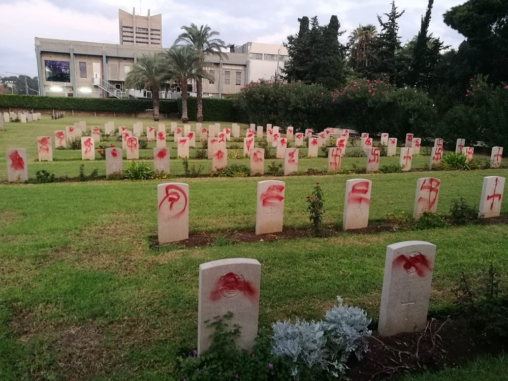 Vandals scrawl Nazi swastikas on graves at British and Commonwealth cemetery in Israel Credit CWGC 11.10.19.jpg