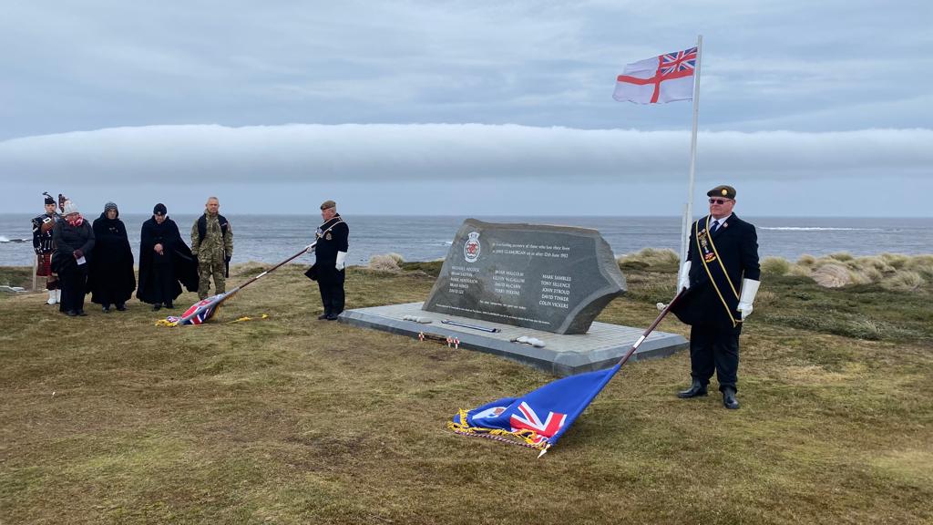Veterans at a commemoration service in the Falkland Islands for HMS Glamorgan 