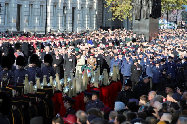 Veterans, serving personnel and charity workers at Cenotaph on Remembrance Sunday