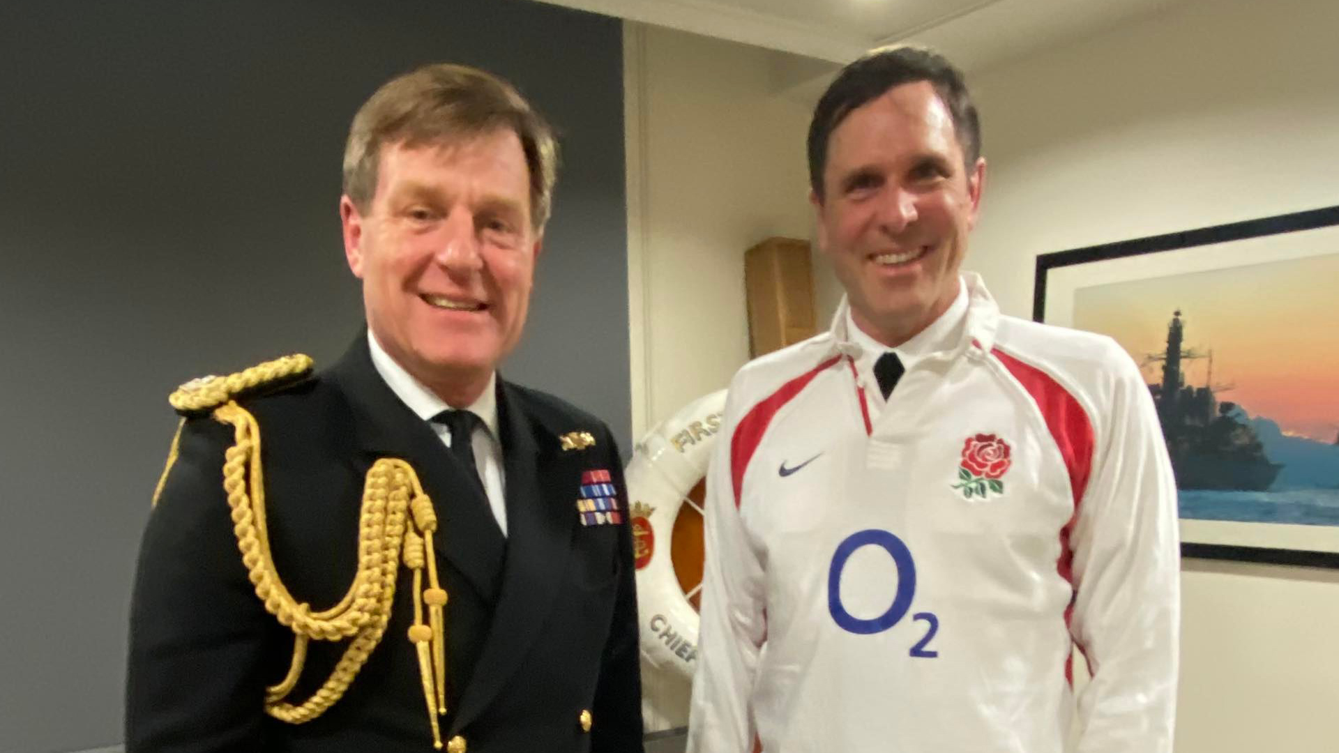 Vice Admiral Angus Topshee of the Canadian Navy wearing an England rugby shirt after losing a bet against Admiral Sir Ben Key, the head of the Royal Navy