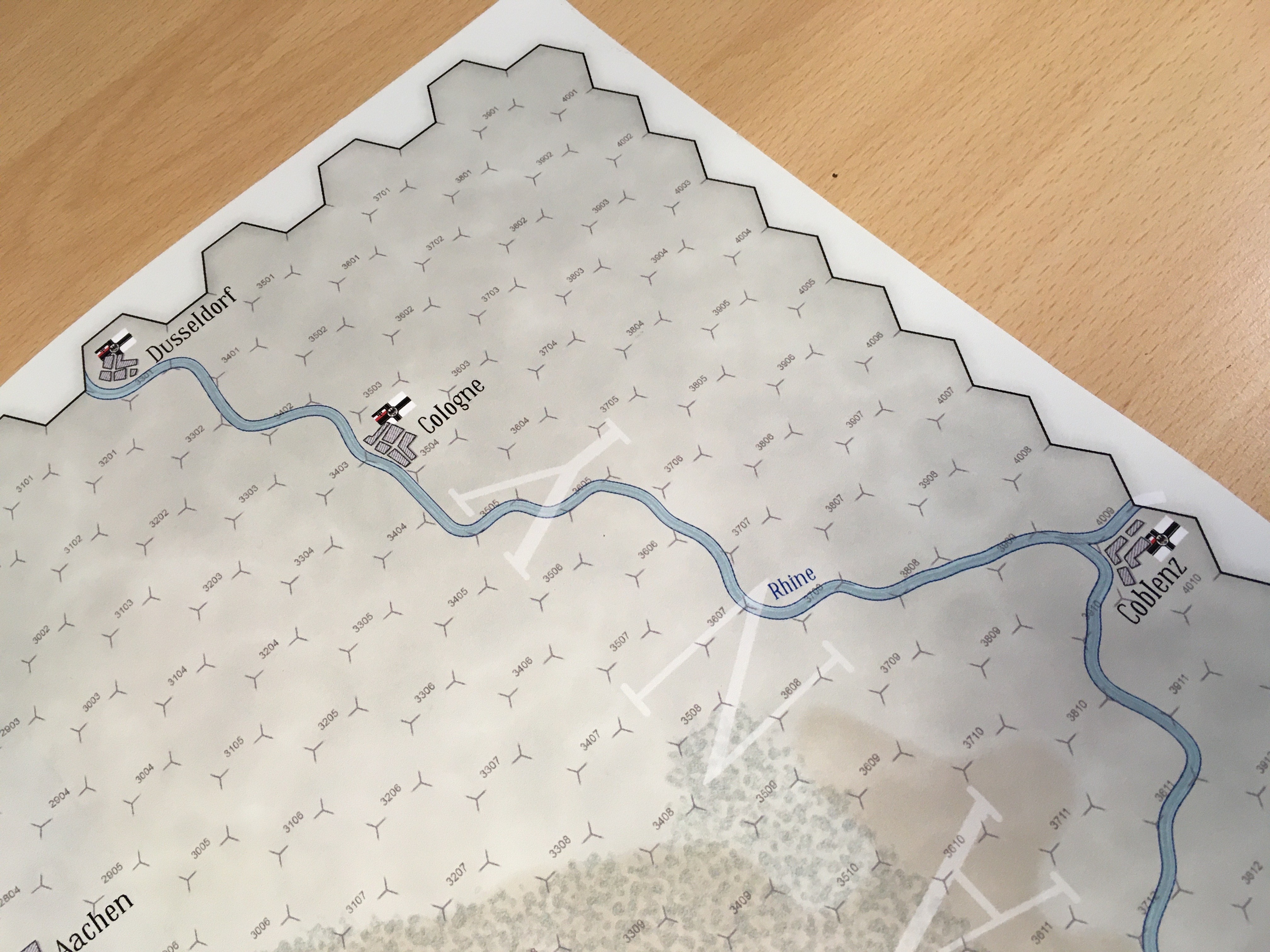 Victory cities on board for Plan 1919 board game - Coblenz, Cologne and Dusseldorf