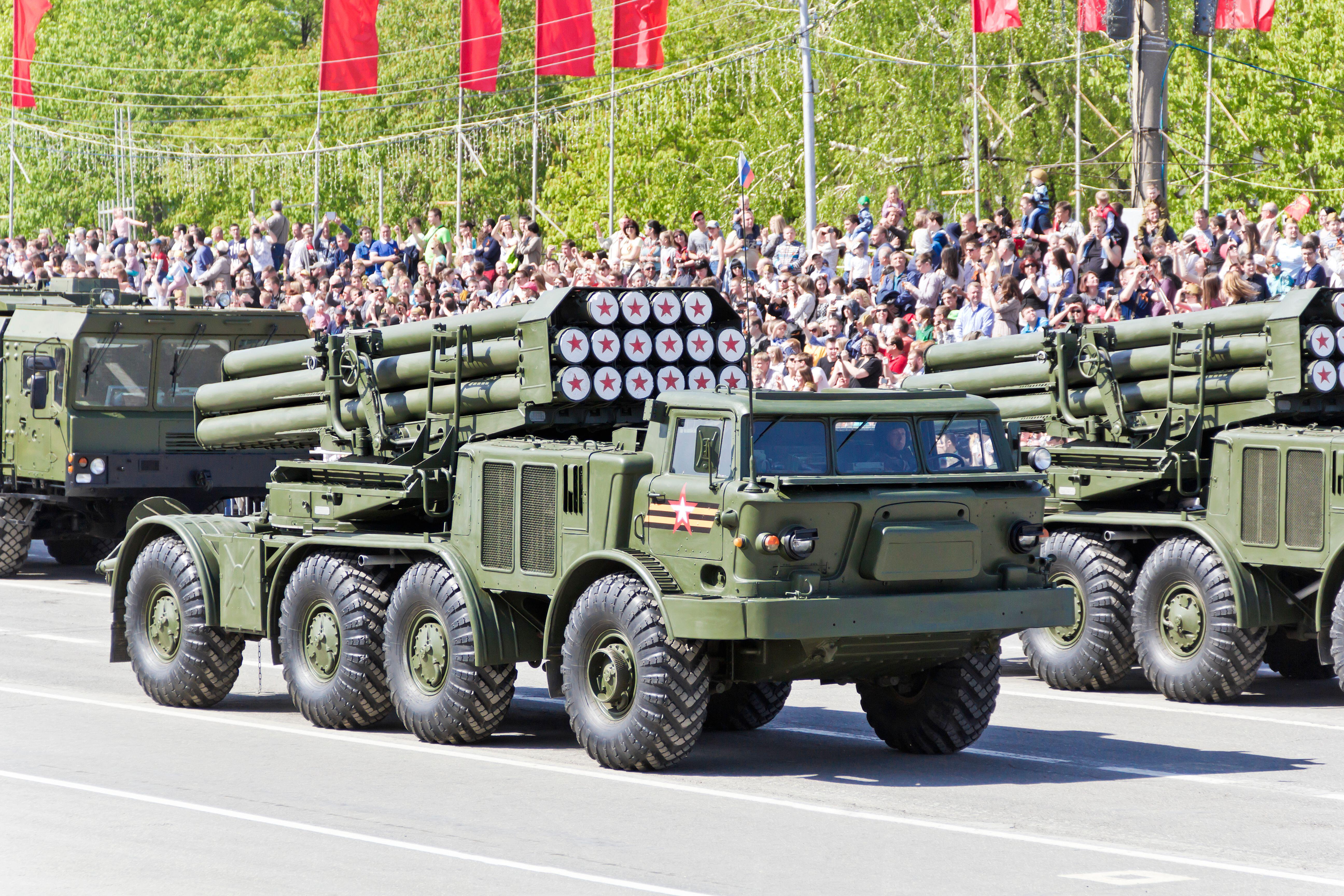 Image ID: 2M6CG0B: Russian military transport at the parade on annual Victory Day (Picture: Zoonar GmbH / Alamy).
