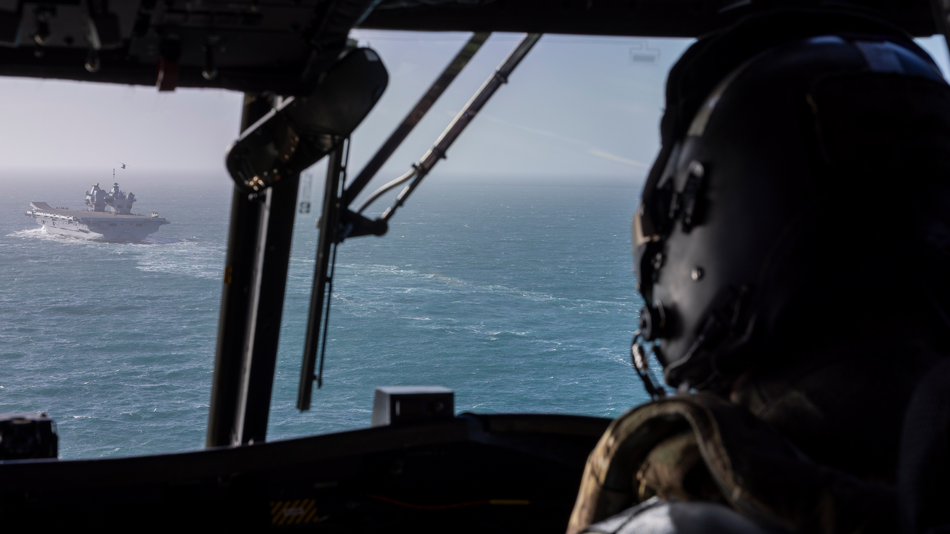 The view from the cockpit as a Chinook approaches HMS Prince of Wales