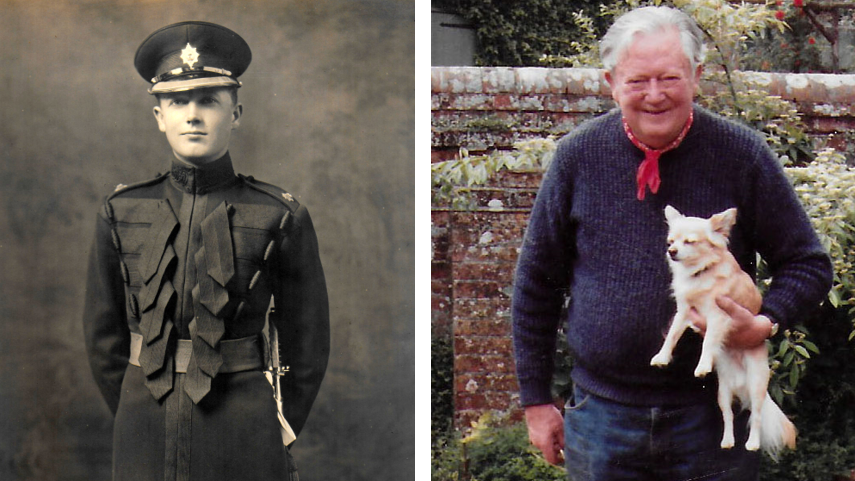 Side-by-side pictures of British soldier Roger Mortimer as a young officer and as an old man