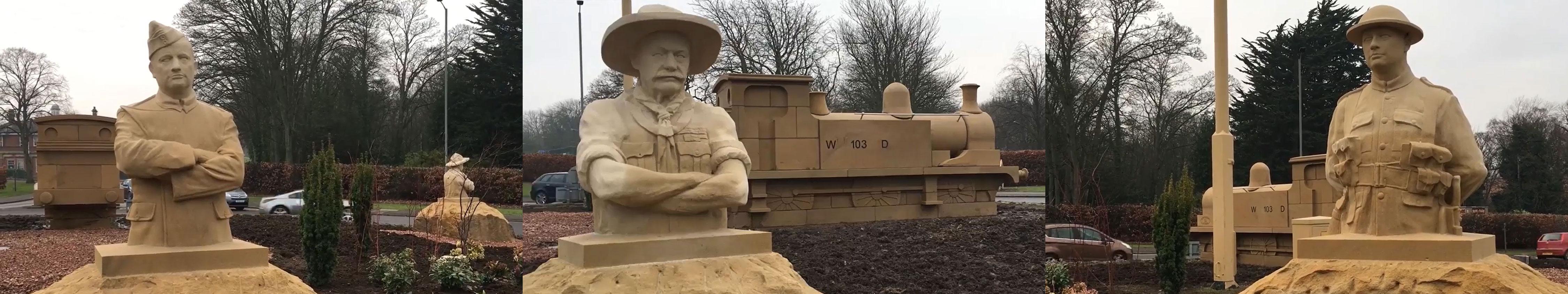 WW1 Tommy + Lord Baden-Powell + Royal Flying Corps Statues Catterick Garrison Memorial Screengrabs Credit BFBS