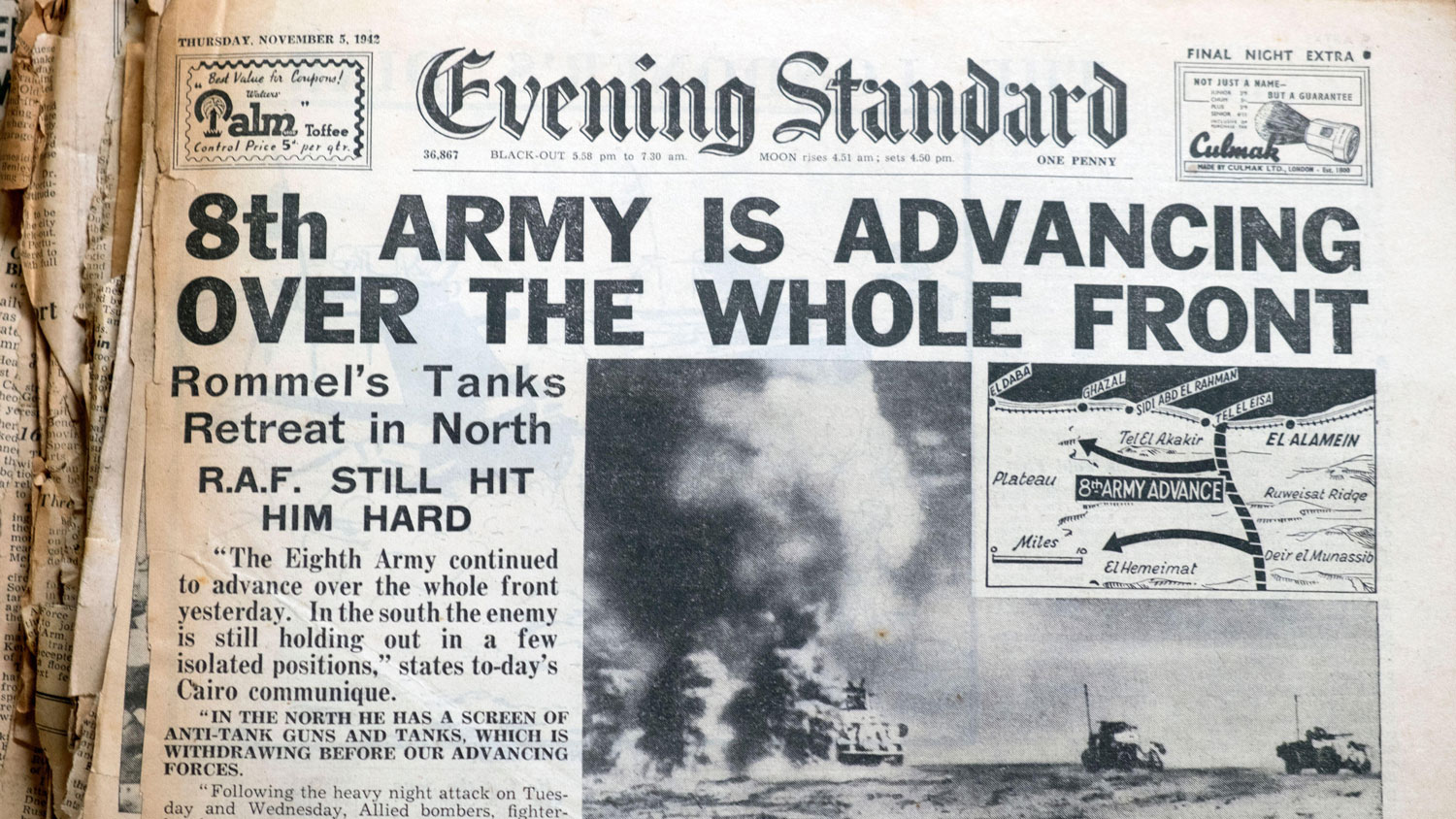 Image ID 2B6XETH WWII Second World War Battle of El Alamein Evening Standard headline 8th Army is Advancing Over the Whole Front 5 Nov 1942 CREDIT Kathy deWitt Alamy Stock Photo EXP 17.02.24