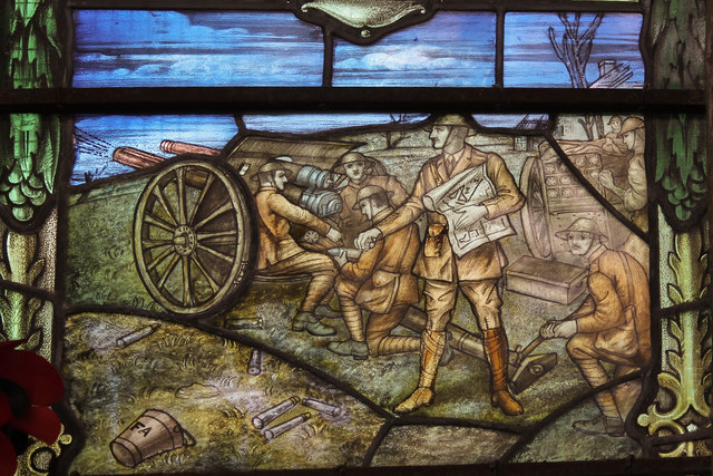 A war memorial window at Ss Peter & Paul Church in Swaffham showing gunners at the Battle of Mons (image: J.Hannan-Briggs and Julian P Guffogg)
