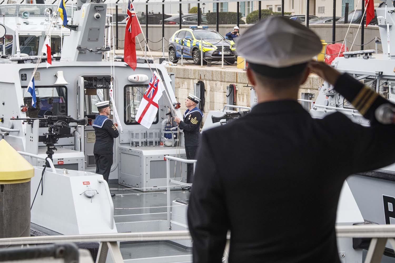 The White Ensign was hoisted on HMS Cutlass in a ceremony in Gibraltar (Picture: Royal Navy).