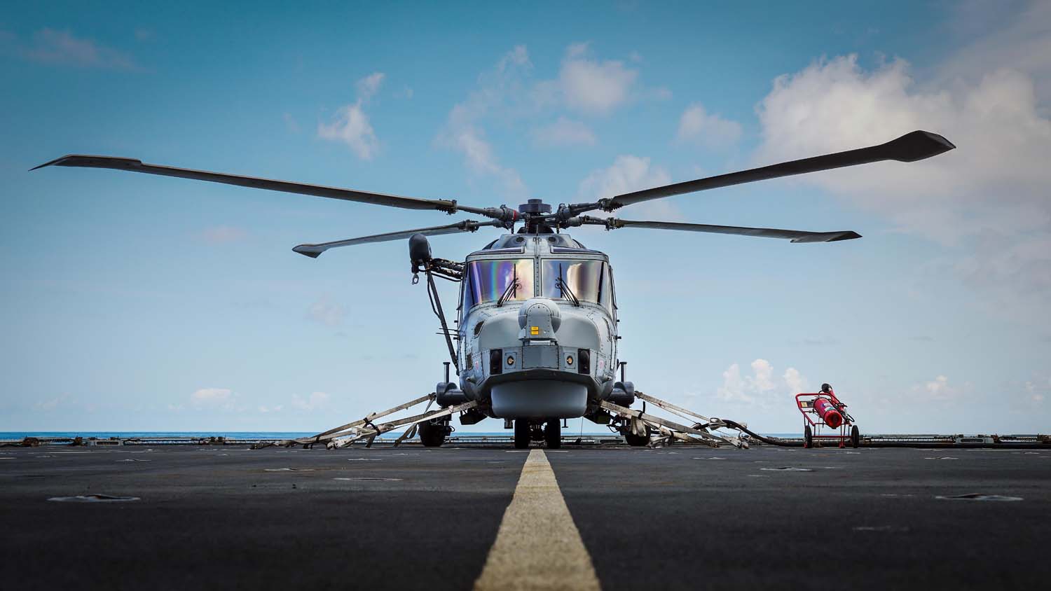 Wildcat helicopter on the flight deck prior to a training flying sortie 310723 CREDIT ROYAL NAVY
