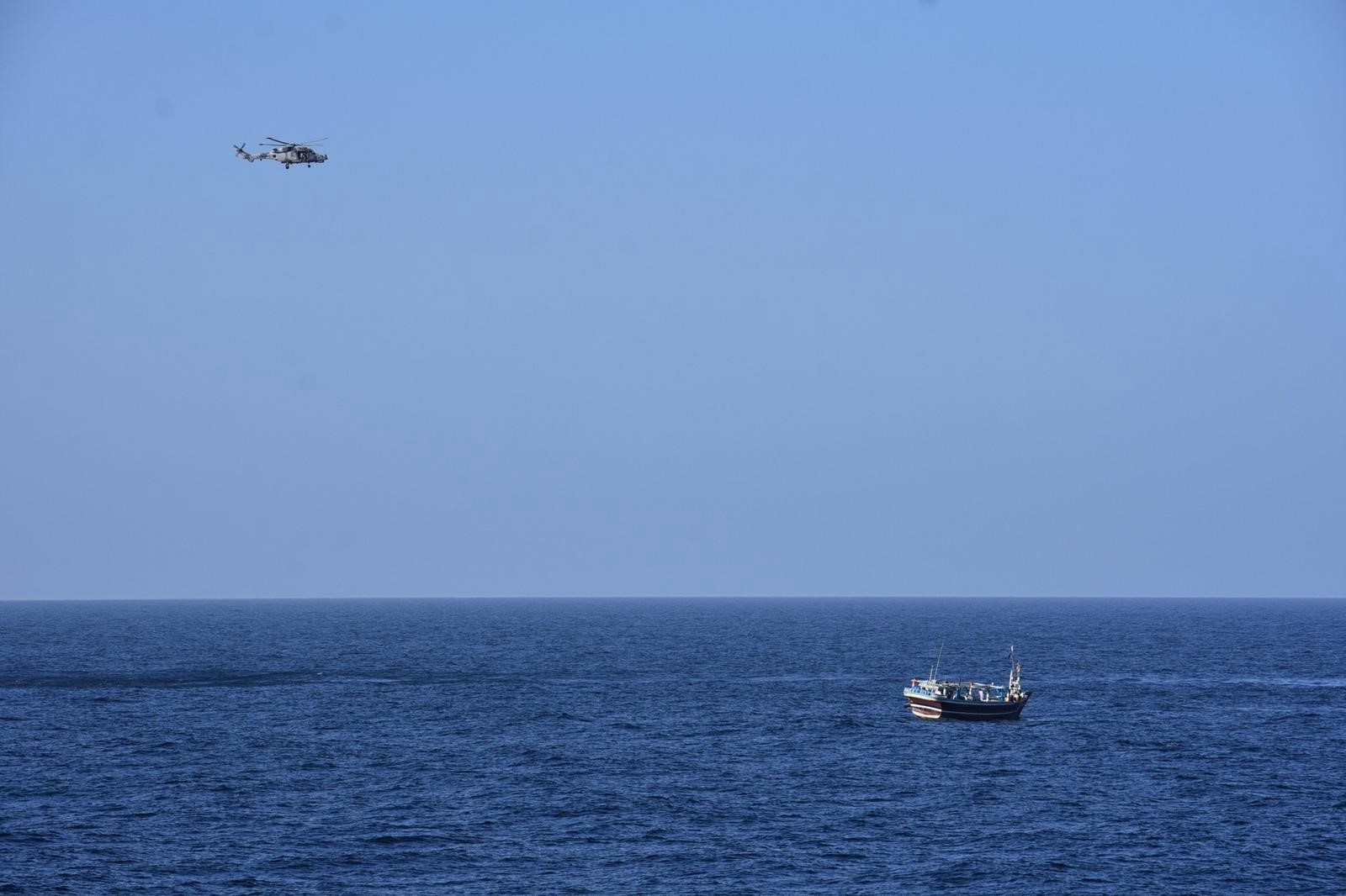 Wildcat helicopter over suspect vessel 040319 CREDIT Royal Navy.
