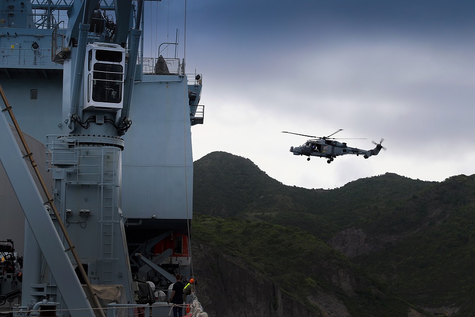 Wildcat helicopter takes off from RFA Mounts Bay