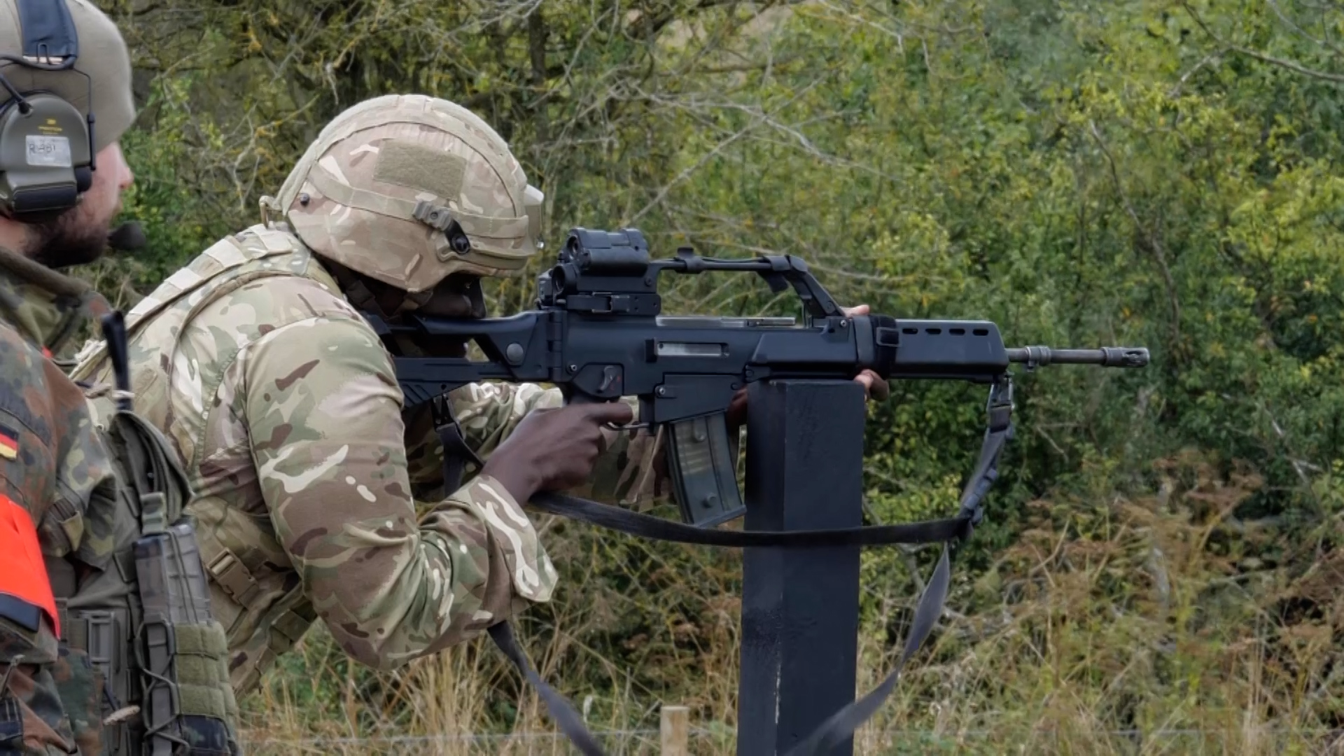 A British soldier using the German G-36 rifle during training on Exercise Panzerjäger