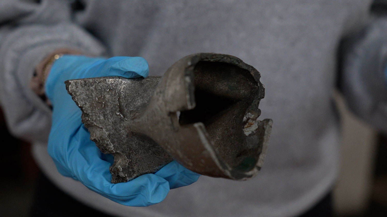 A close up photograph of a fragment of the V-1 that destroyed the Guards' Chapel in June 1944 CREDIT BFBS