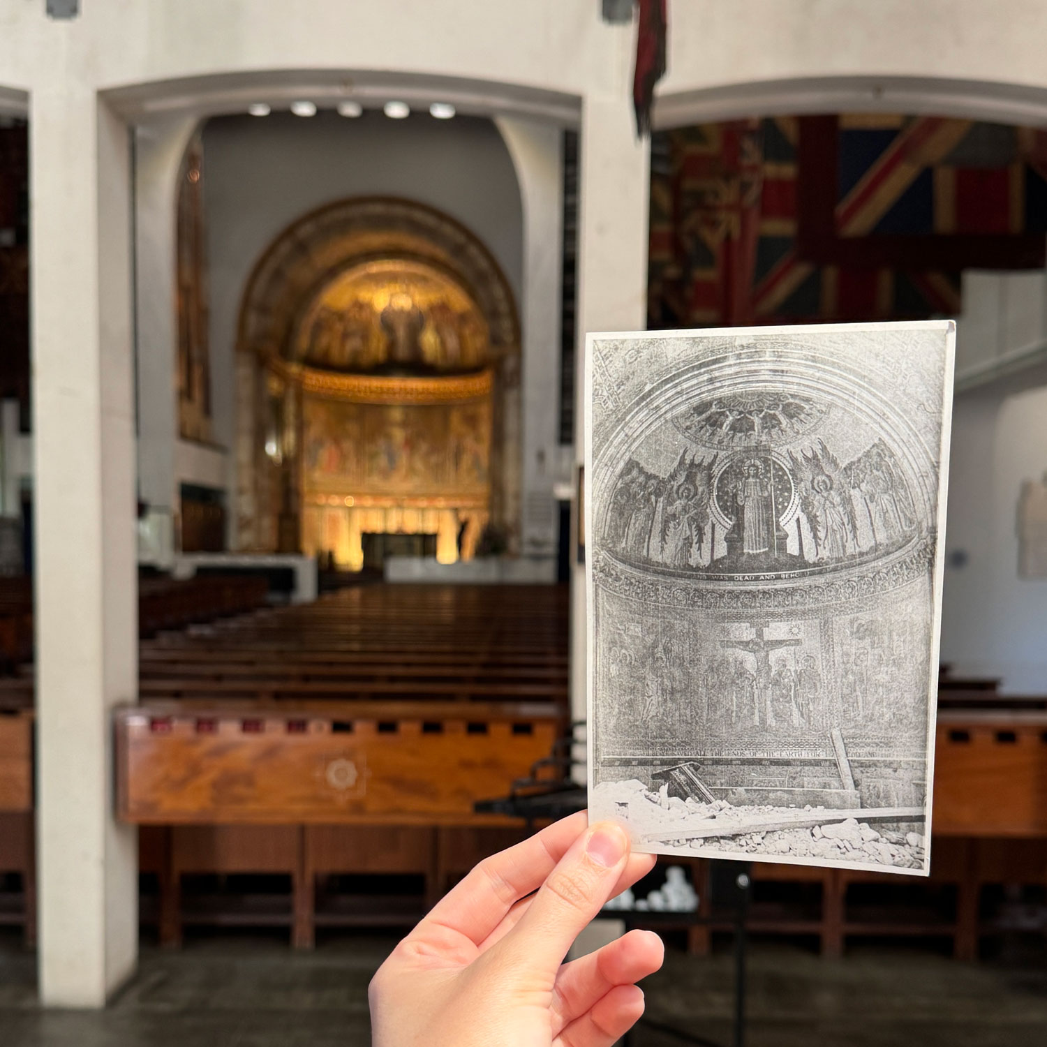 A photograph showing the apse in the Chapel then and now CREDIT BFBS