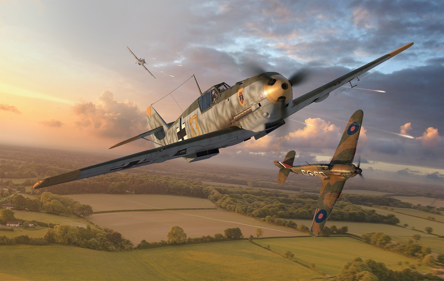 illustration of a Messerschmitt Bf109 pursued by Hurricanes