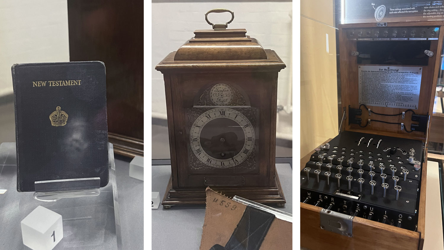 AB Colin Grazier's bible, Tommy Brown's clock and an enigma machine all on display at Bletchley Park CREDIT BFBS