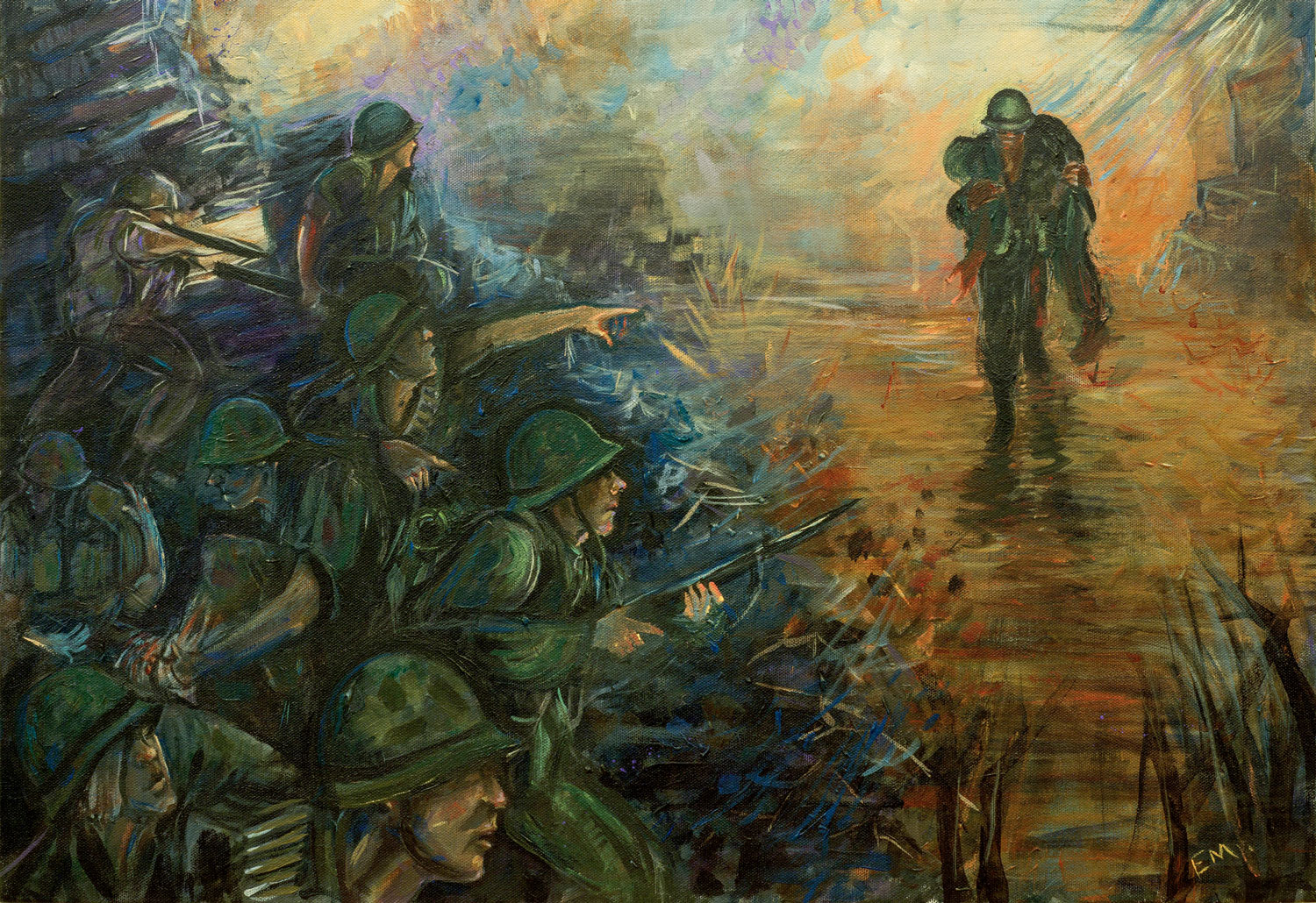 Acrylic painting of retired Sgt Maj John L. Canley in Hue City, Vietnam painted on September 26 2018 CREDIT Sgt Elize McKelvey