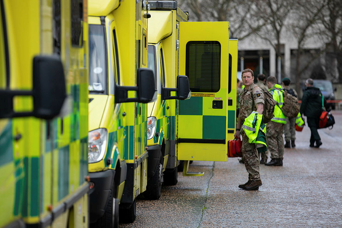 Ambulances being driven by military personnel lined up at Wellington Barracks on Wednesday