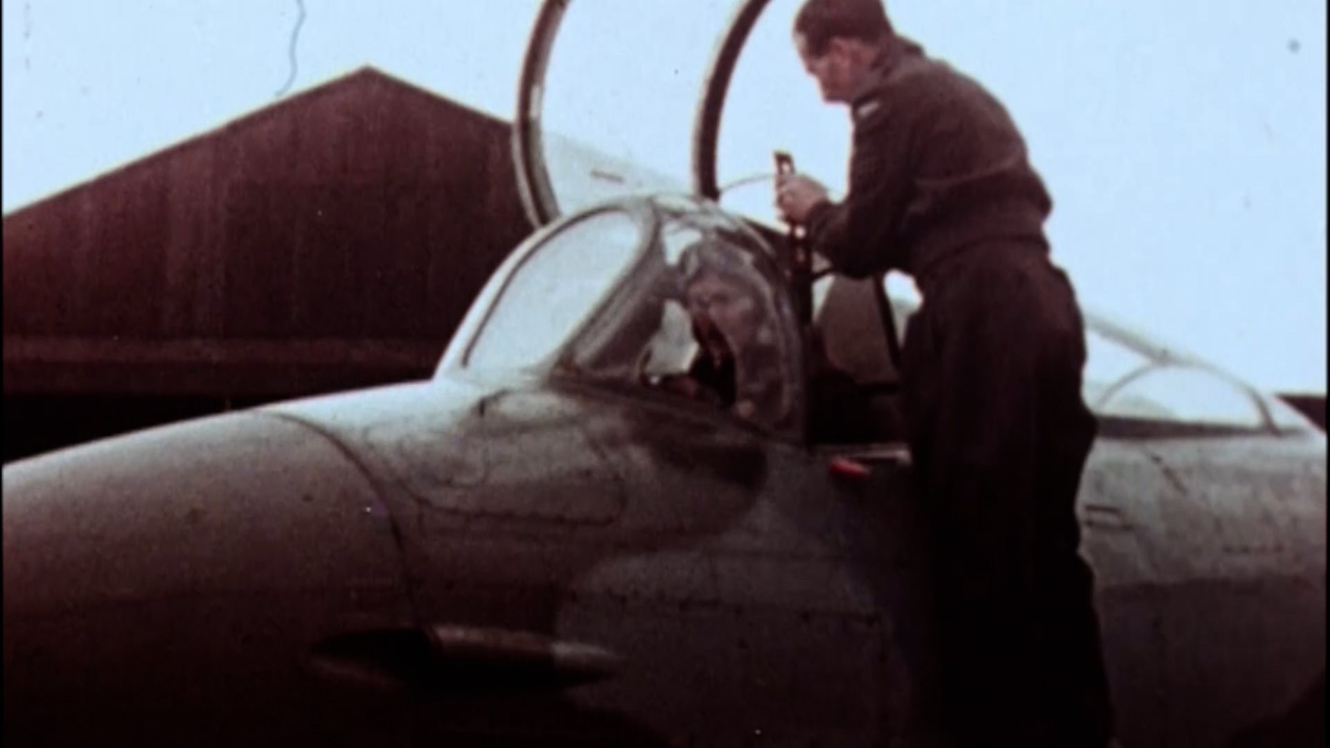 Archive image of a pilot in a Gloster Meteor SCREENGRAB FROM FOOTAGE CREDIT RAF Museum
