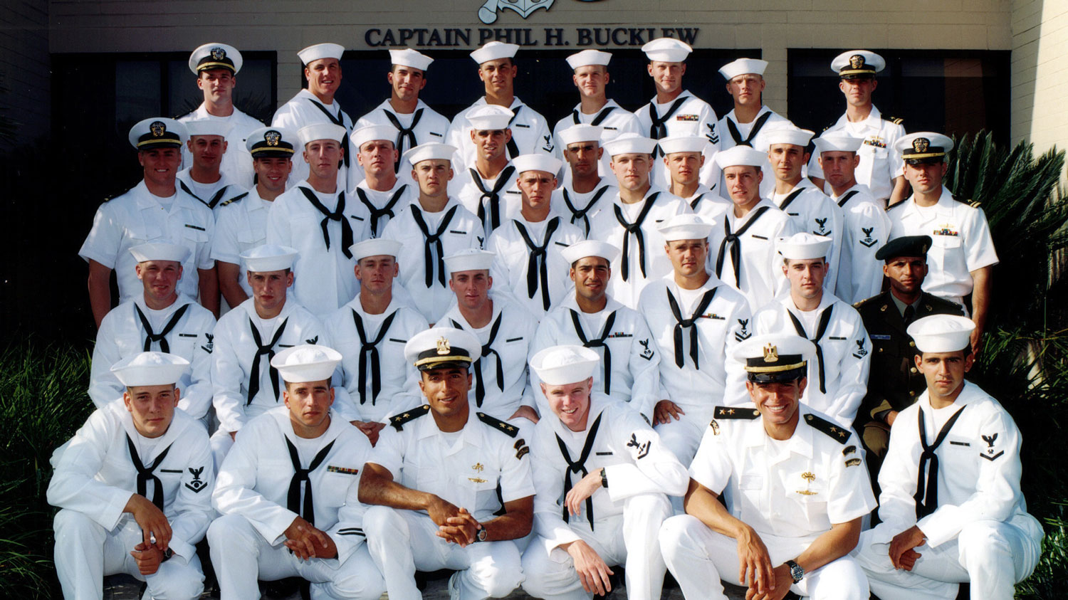 Basic Underwater Demolition SEAL graduating class 236, 19 Oct 2004. Lt Michael Murphy pictured is pictured on the far left side, back row CREDIT US Department of Defense