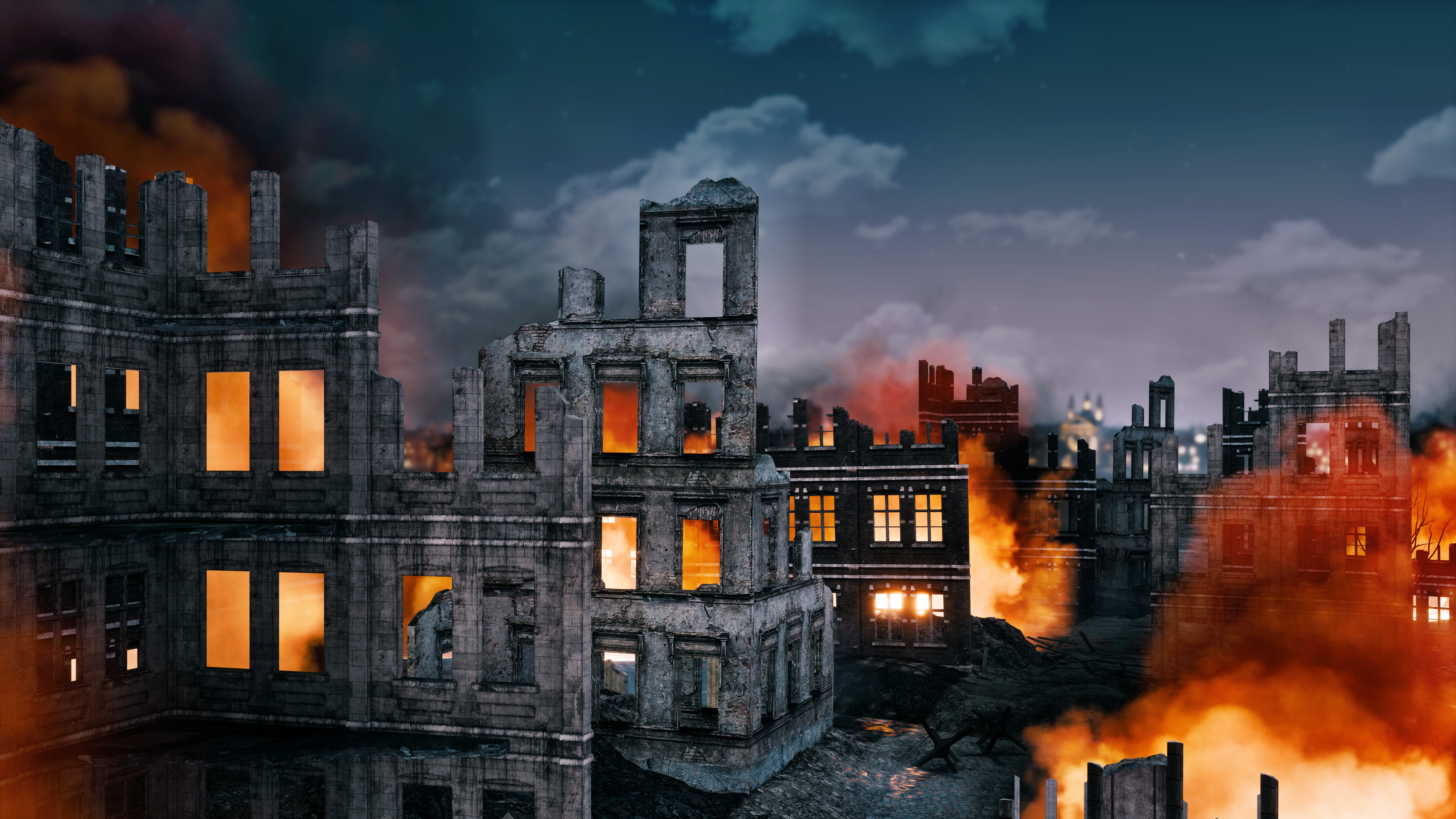 Burning ruins of destroyed after WW2 illustration, Copyright DMG Vision / Shutterstock