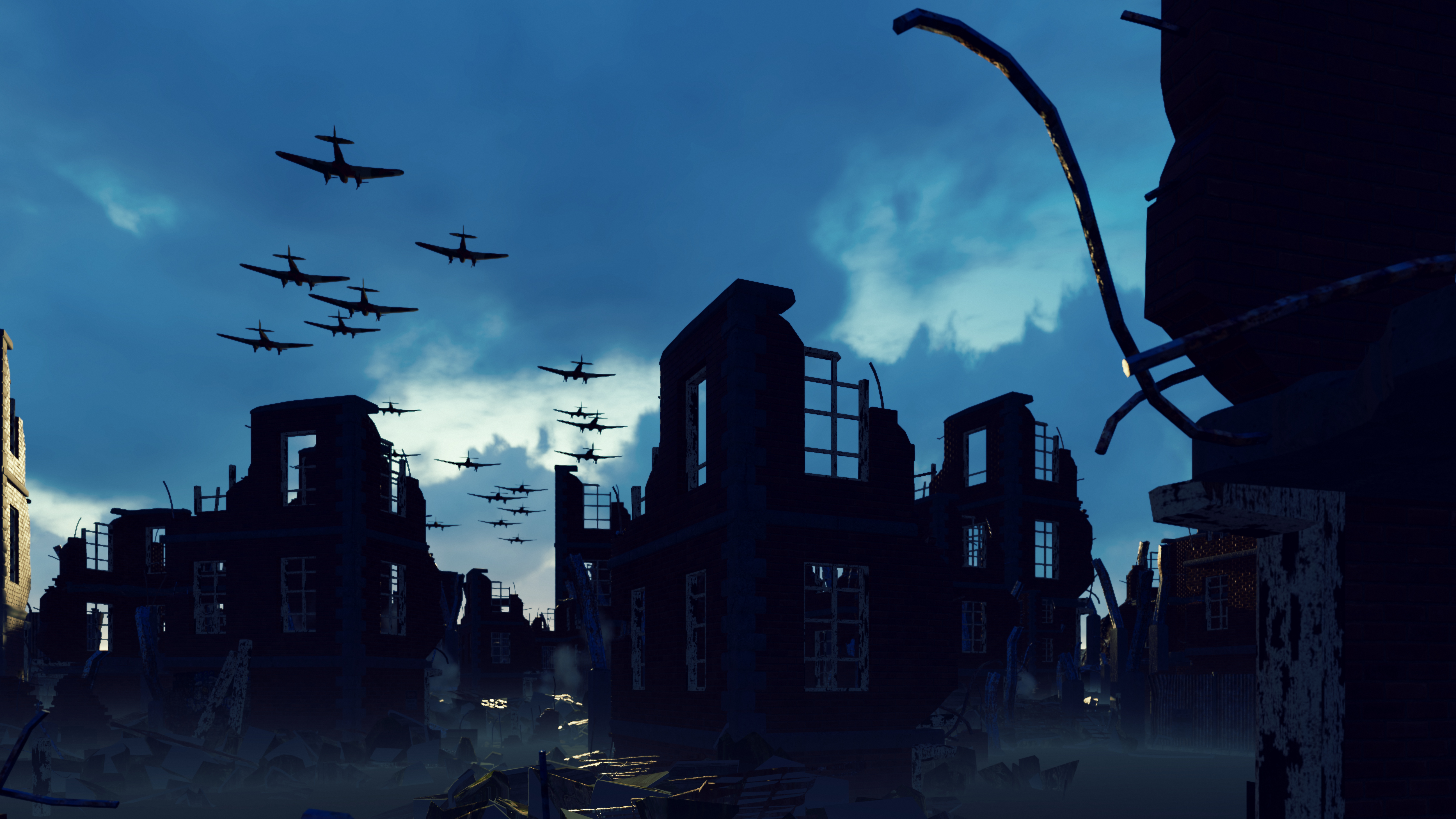 An Armada of military aircraft flies over the ruins of a ruined deserted city. 3D Rendering By Design Projects/Shutterstock